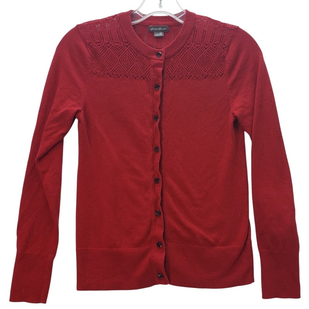 Eddie Bauer Cardigan Womens XS Red‎ Cotton Knit Sweater Button Front Classic